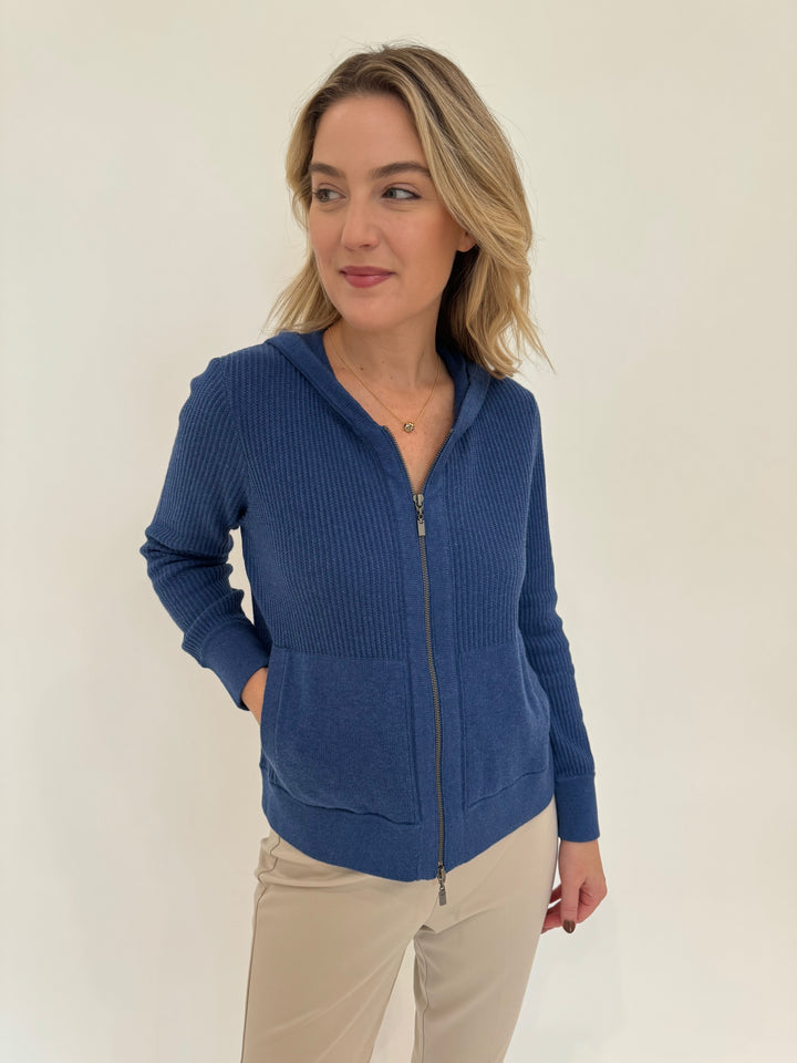 Kinross Cashmere Rib Zip Hoodie in Indigo available at Barbara Katz