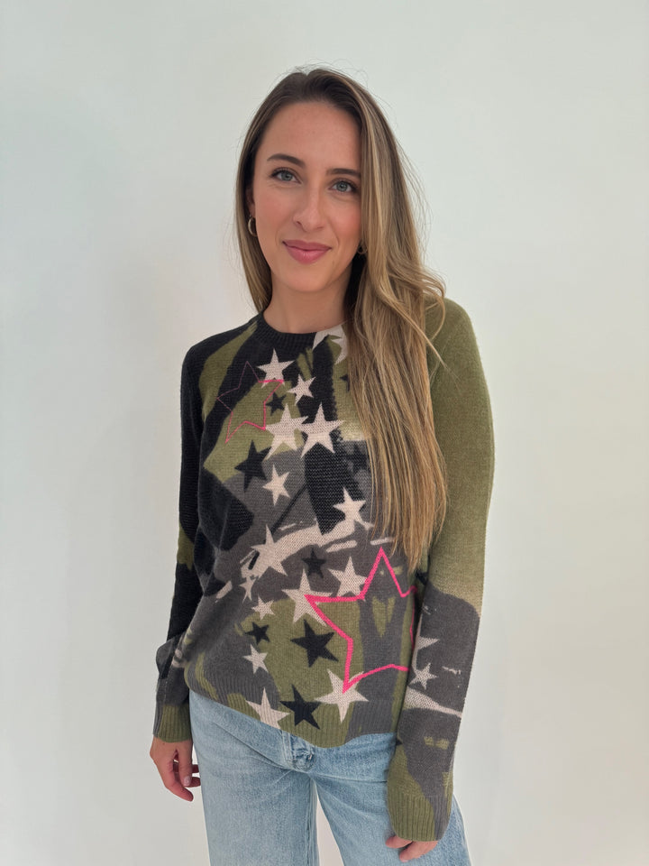 Lisa Todd Solar Power Cashmere Star Print Crew Sweater in Eden available at Barbara Katz