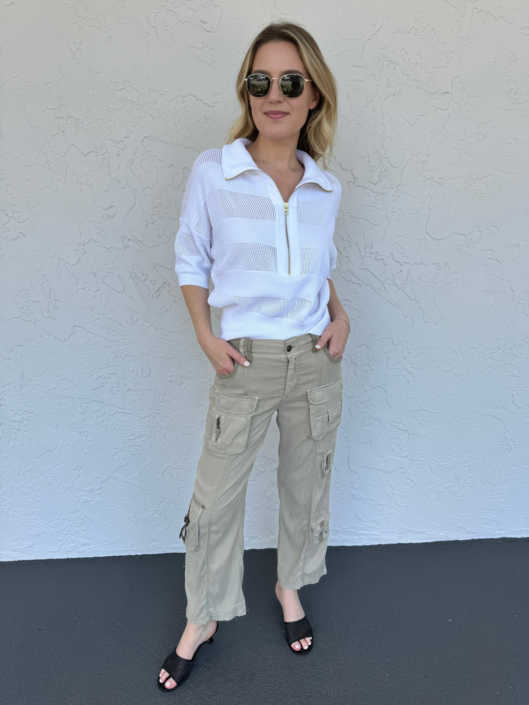 Marrakech Addison Pants in Clay, paired with Varley Kembria Half Zip Knit Top