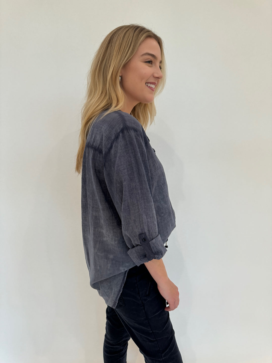 BK Heidi Solid Button Down Roll-Up Sleeve Shirt in Navy available at Barbara Katz