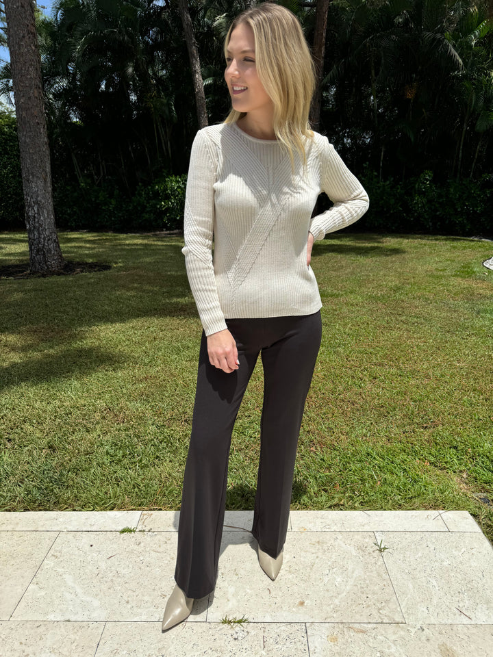 Peace of Cloth Jules Paramount Pants in Brown paired with Cotton Crew Jacquard Sweater in Ecru