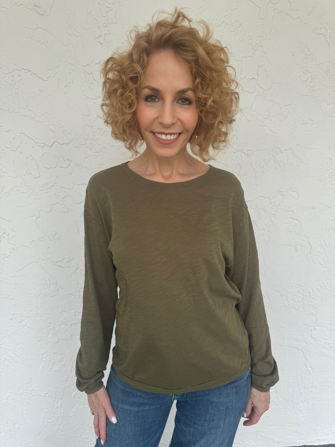 An olive green Elliott Lauren Balloon Sleeve Tee made of 100% cotton, with long sleeves, round neck, and ribbed trims. Perfect for casual wear. #elliottlauren #longsleeves #tee