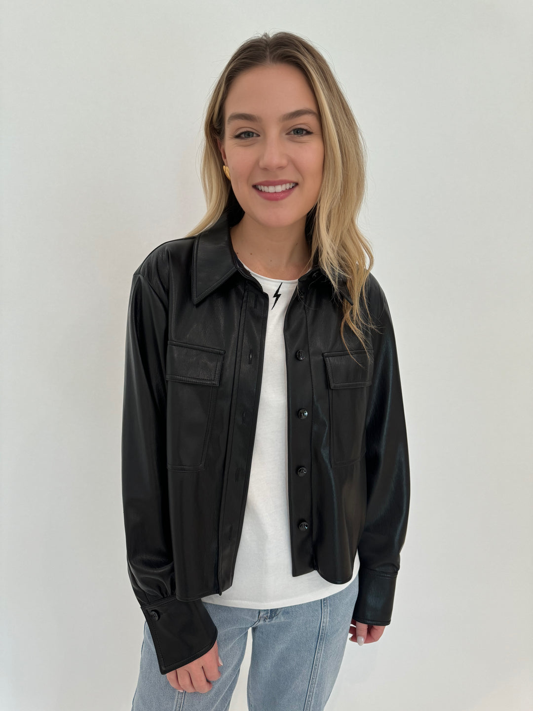 Marella Book Button Down Vegan Leather Jacket in Black