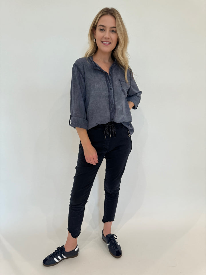 BK Heidi Solid Button Down Cotton Shirt in Navy paired with Charlie Zip Pocket Crinkle Jogger With Raw Hem in Navy available at BarbaraKatz.com