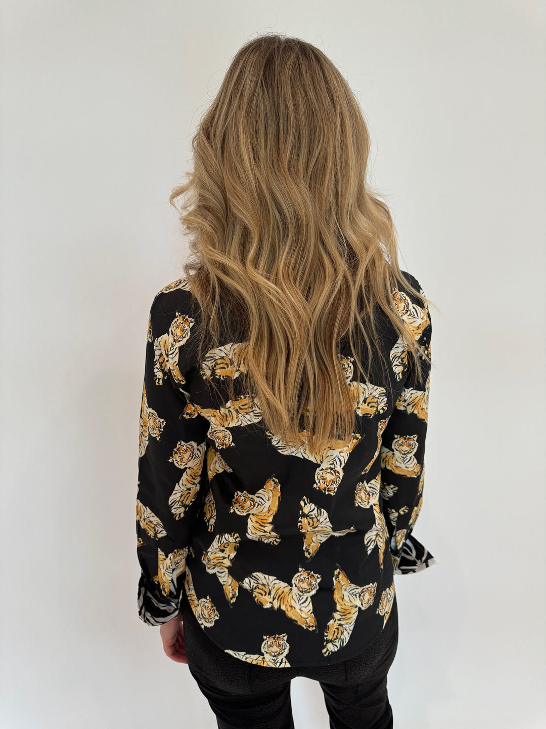 Dizzy-Lizzie Black Rome Long Sleeve Shirt With Tiger Print available at Barbara Katz