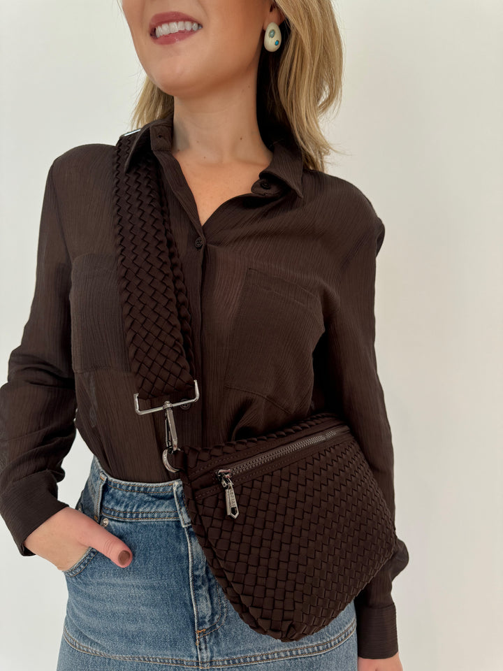 Marella Monochrome Orzo Sheer Long Sleeve Shirt in Dark Brown with Sol and Selene Ethereal Woven Neoprene Crossbody Bag in Chocolate available at Barbara Katz