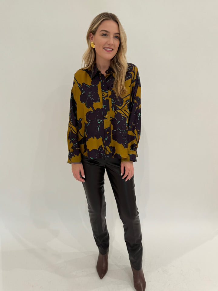 Essentiel Antwerp Girt Floral Silk Shirt in Toffee Combo paired with Peace of Cloth Jilian Faux Leather Slim Jeans in Brown available at Barbara Katz