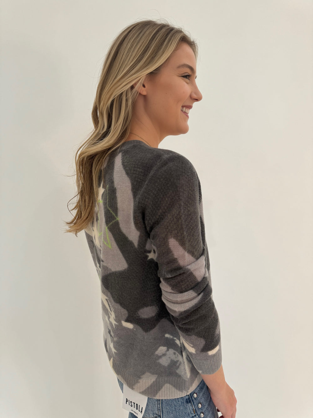 Lisa Todd Solar Power Cashmere Star Print Long Sleeve Sweater in Mid Grey available at Barbara Katz