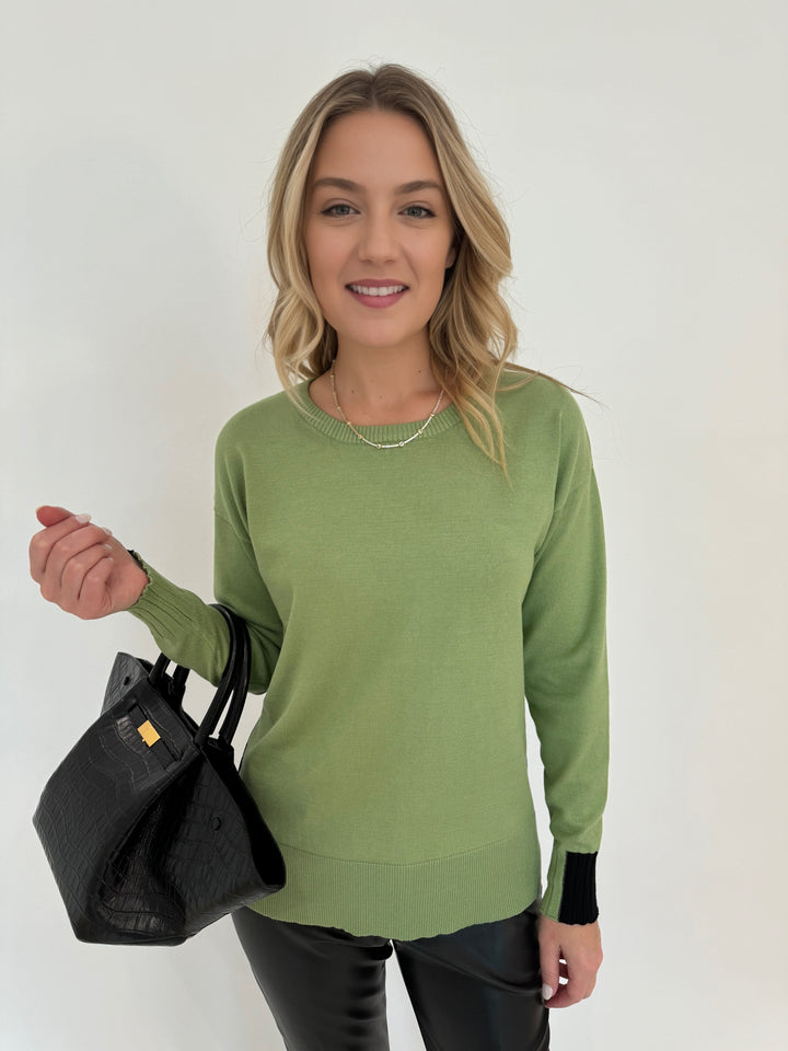 BK Sarah Color Block Tip Sweater in Green Eyes/Black available at Barbara Katz