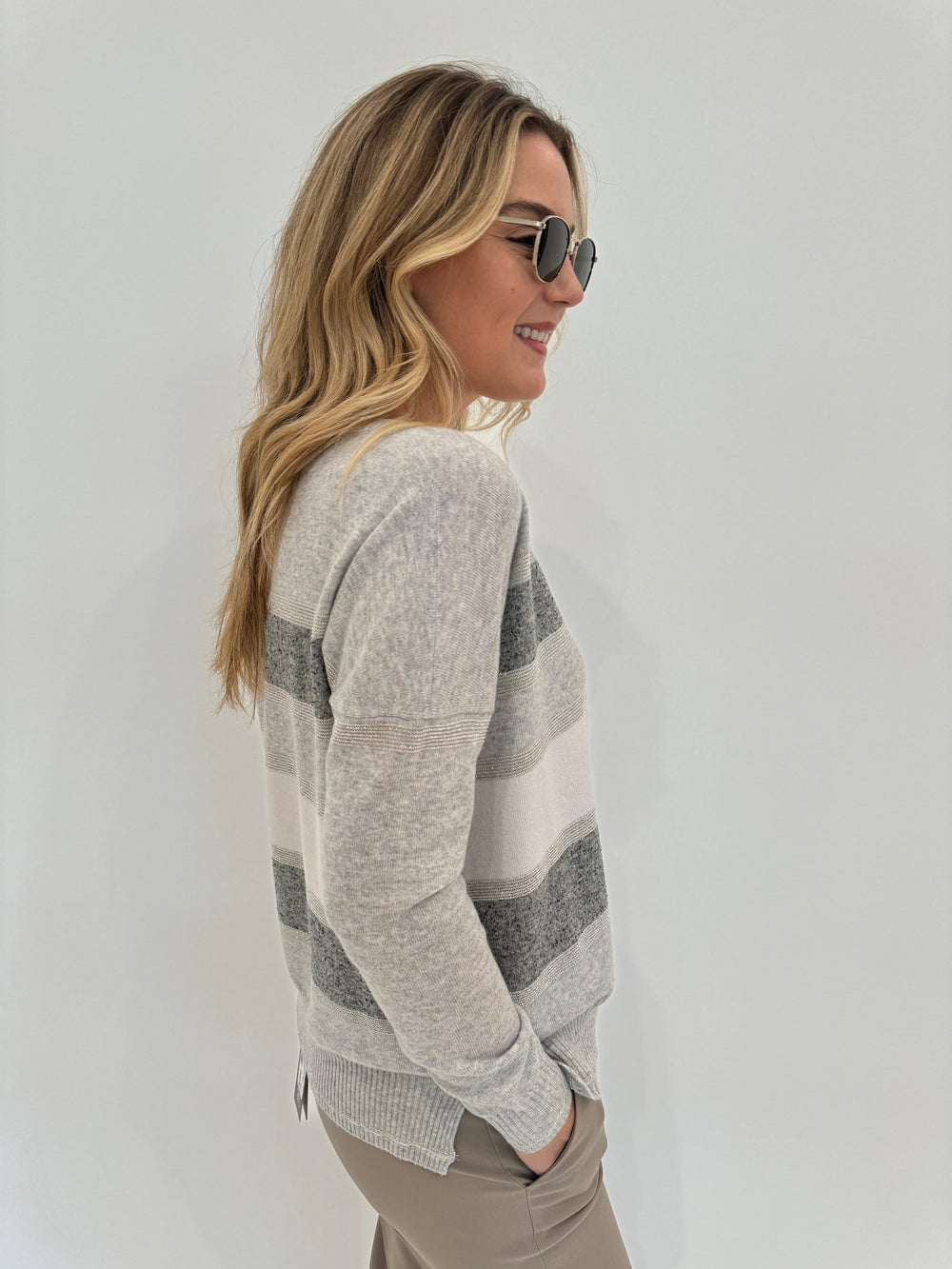 D.Exterior Multi Stripe Crew Long Sleeve Sweater in Cenere available at Barbara Katz