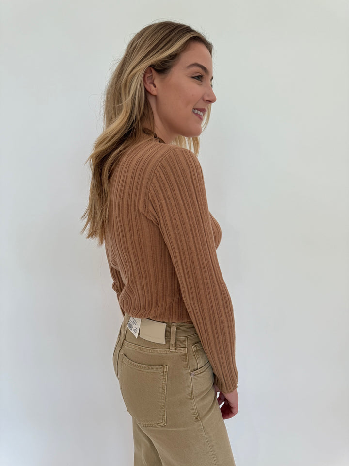 Colorush CSC Hendrix Rib Mock Neck Long Sleeve Top in Camel available at Barbara Katz