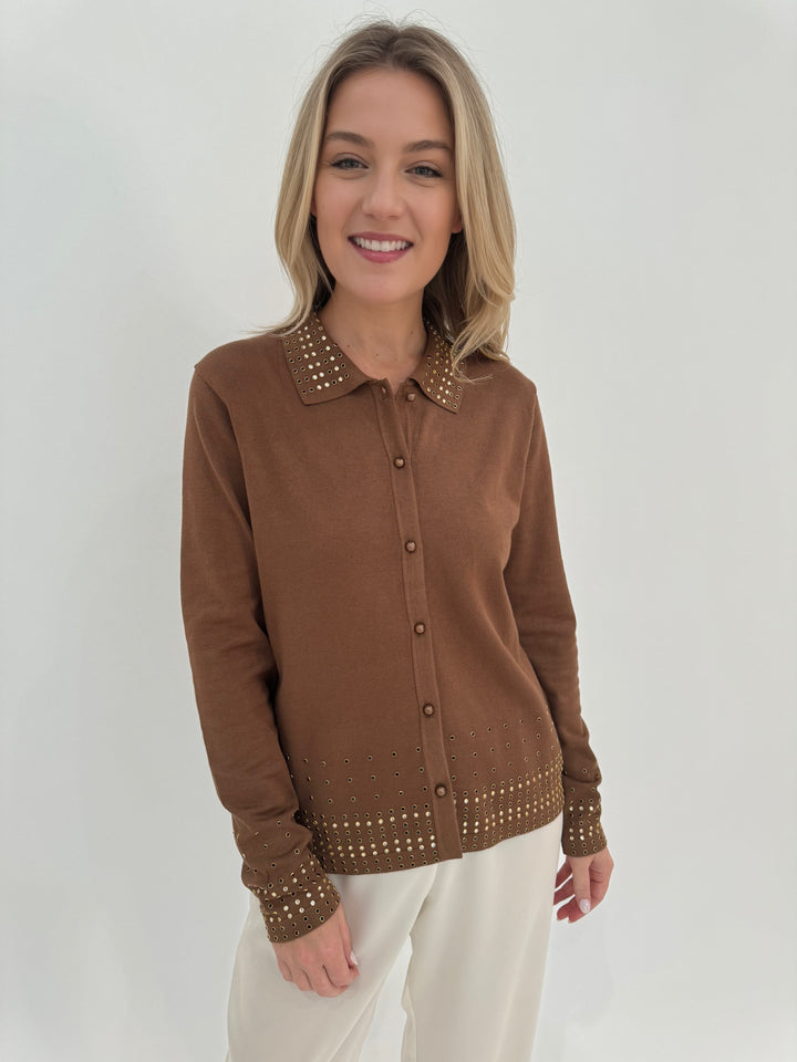 Leo & Ugo Rhinestone Grommet Cardigan in Camel available at Barbara Katz