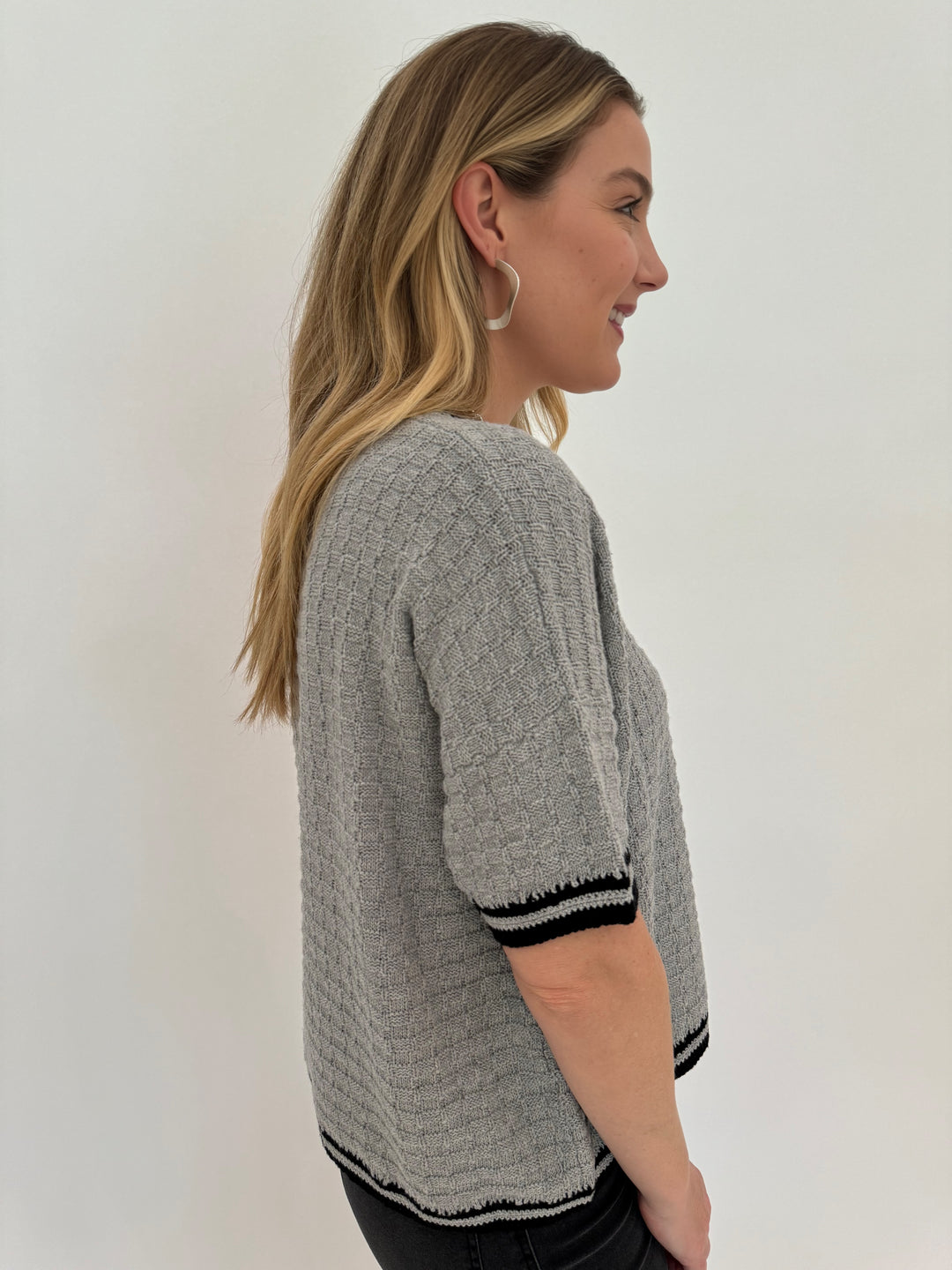 Peace of Cloth Crochet Details Short Sleeve Relaxed Crew Sweater in Grey