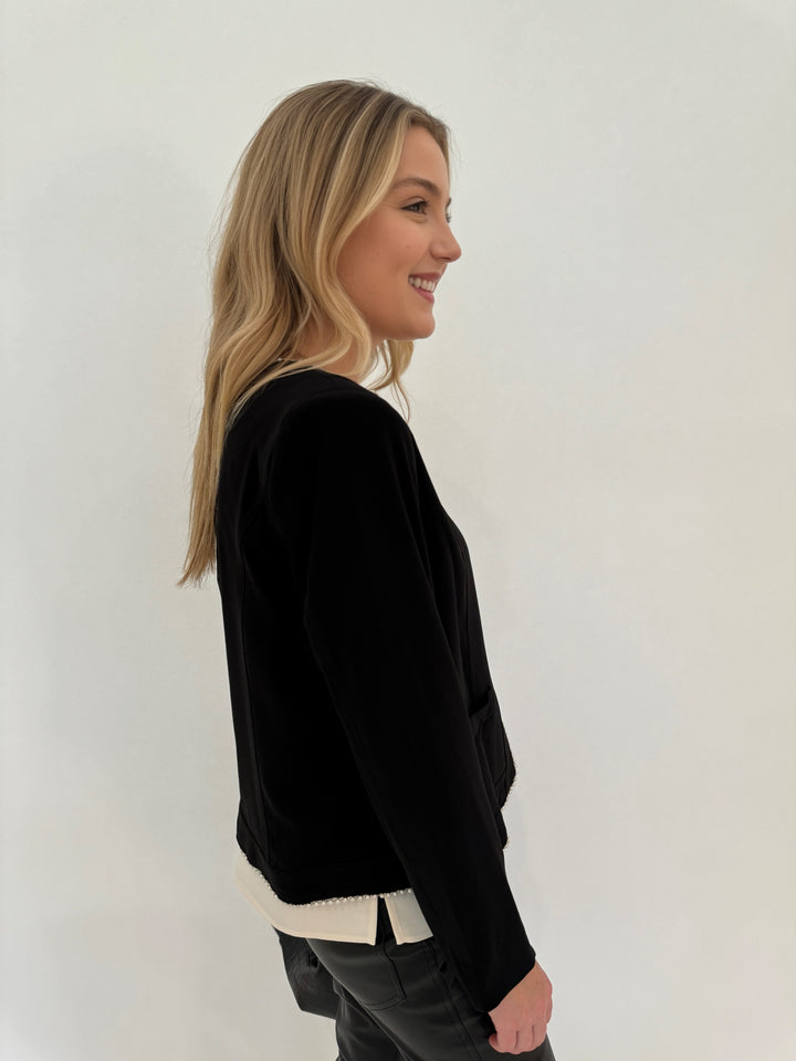 Peace of Cloth Arian Pearl Trim Long Sleeve Jacket in Black available at Barbara Katz