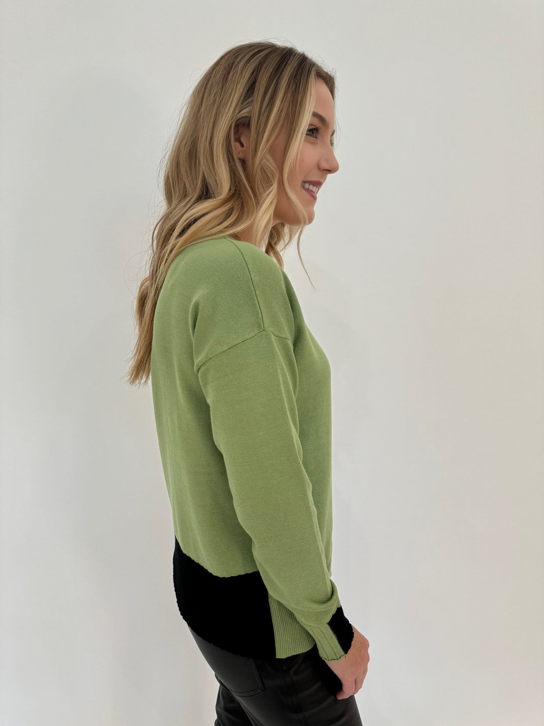 BK Sarah Color Block Tip Long Sleeve Sweater in Green Eyes/Black available at Barbara Katz