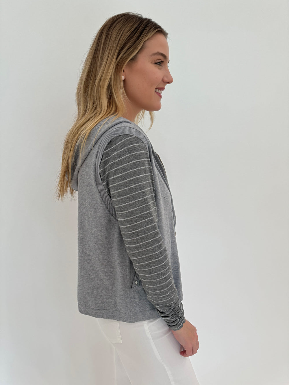 Elliott Lauren Zip Front Hoodie Vest in Heather Grey with Grey Shimmer Stripe Long Sleeve Top