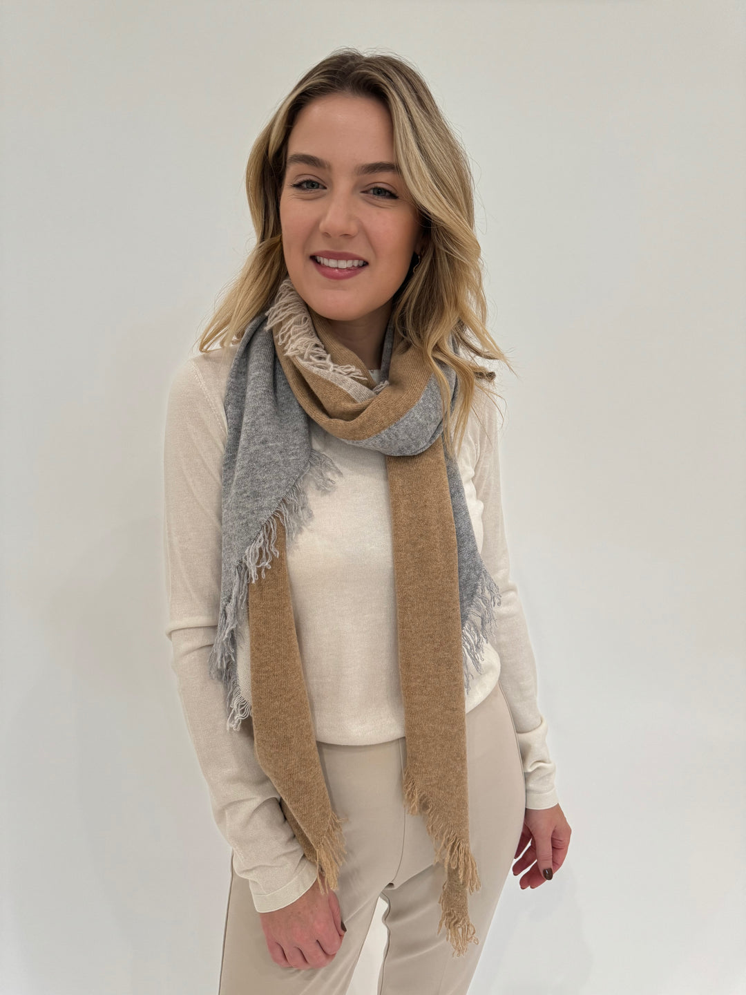 Kinross Cashmere Fitted Crew Sweater in Ivory with Striped Fringe Triangle Wrap in Camel Multi available at Barbara Katz