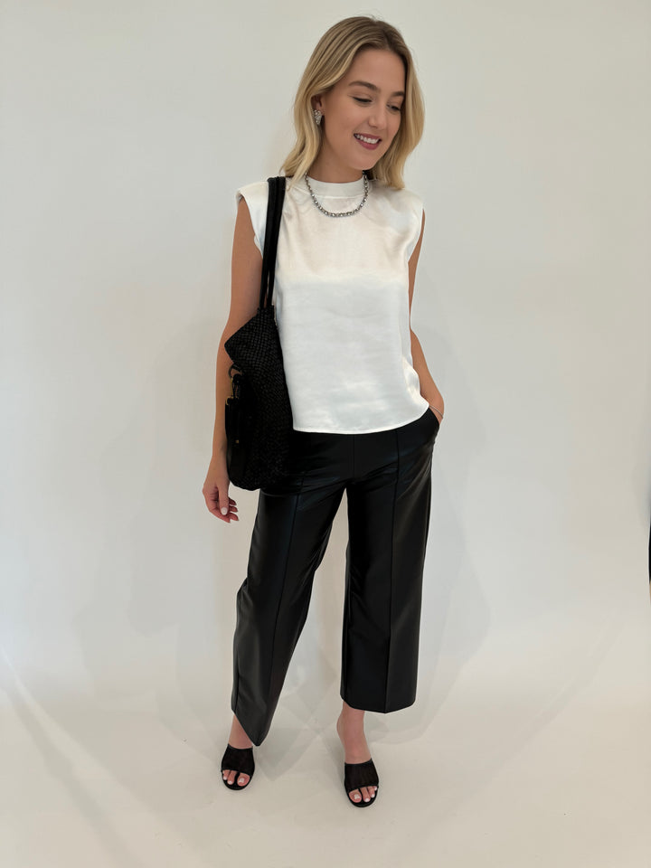 MAC Denim Chiara Crop Vegan Leather Pants in Black paired with Melissa Nepton Helora Satin Top in Off White available at Barbara Katz