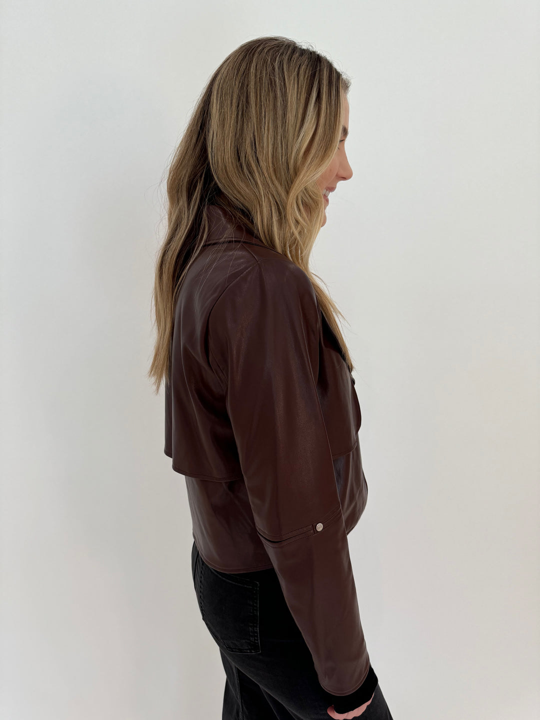 Adroit Atelier Ninon Vegan Leather  Long Sleeve Jacket in Chocolate available at Barbara Katz