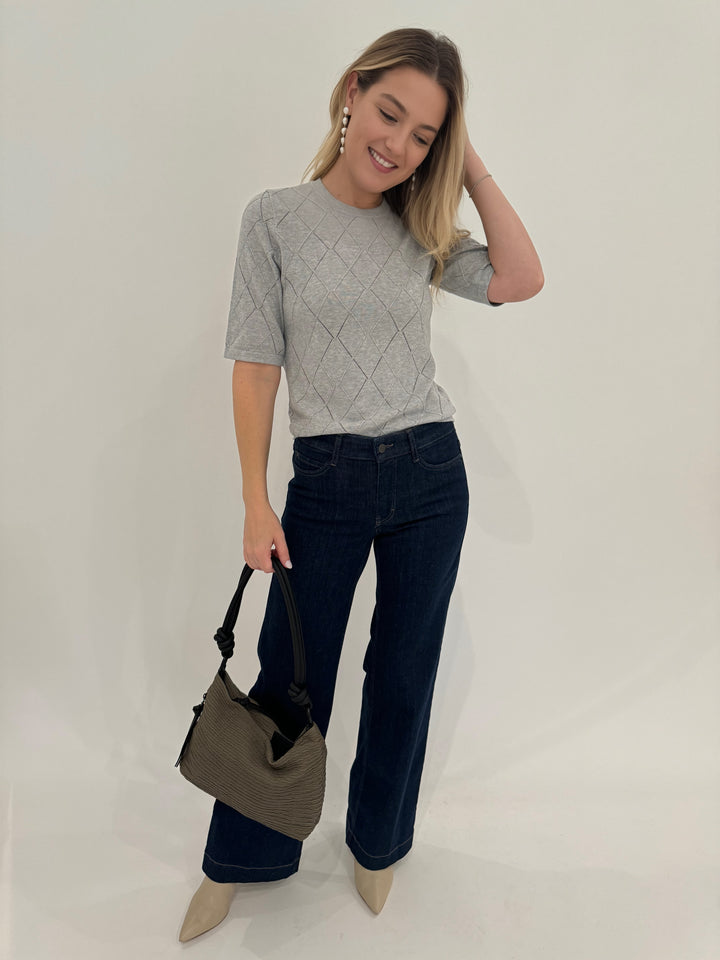 Autumn Cashmere Diamond Stitch Tee in Aluminum paired with MAC Dream Wide Jeans 32" in Indigo Dark, Daniella Lehavi Dallas Shoulder Bag in Wavy Mocca