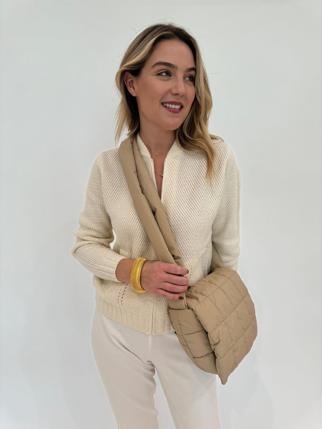 Elliott Lauren Zip Code Bomber Sweater in Chalk with Vee Collective Porter Messenger Bag in Sand available at Barbara Katz