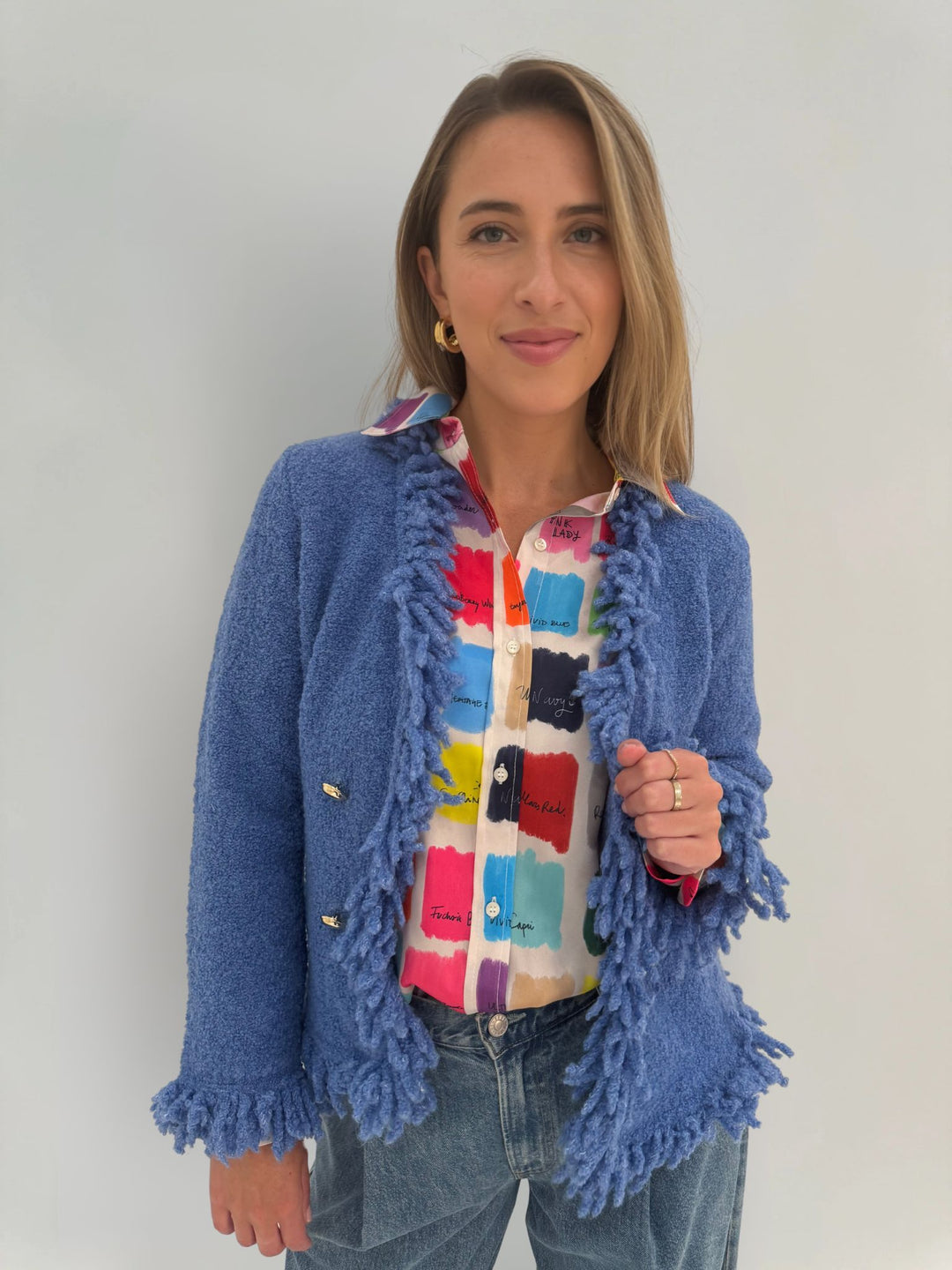 Marella Rovo Fringe Jacket in Peri with Vilagallo Nadine Cheers Shirt underneath available at Barbara Katz