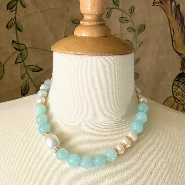 Deborah Grivas Aqua Quartz, Cotton Pearl, Freshwater Coin Pearl, And Matte Gold Disk Necklace