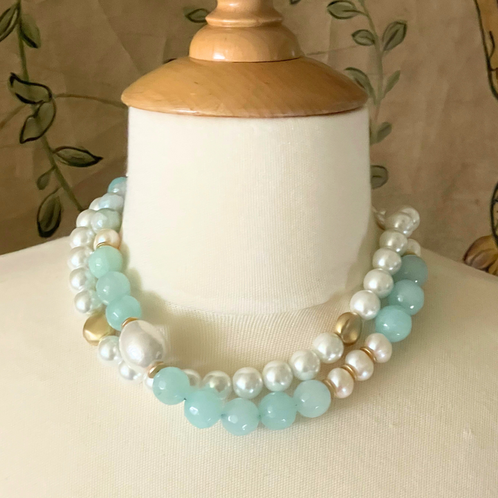 Deborah Grivas Aqua Quartz, Cotton Pearl, Freshwater Coin Pearl, And Matte Gold Disk Necklace