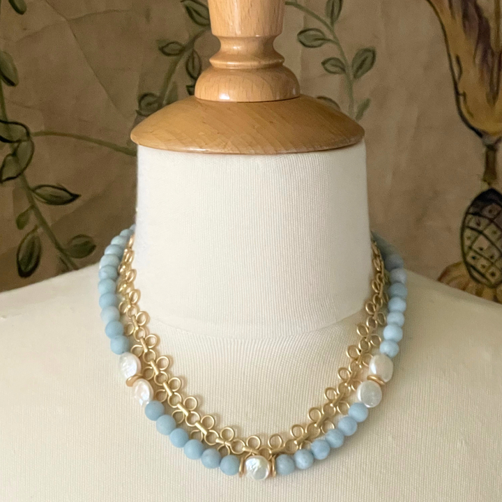 Deborah Grivas Matte Aquamarine and Freshwater Coin Pearl Necklace