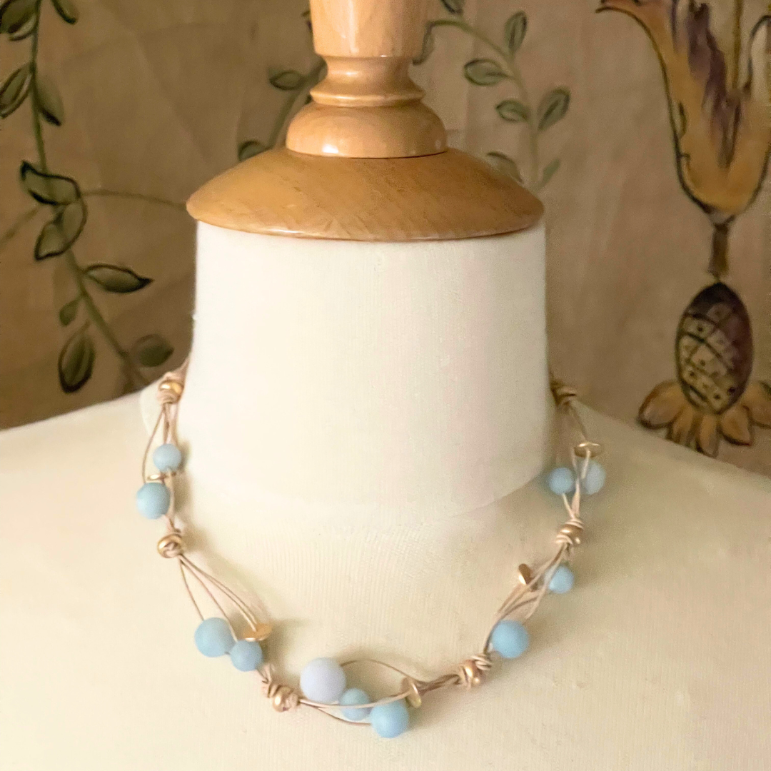 Deborah Grivas Matte Aquamarine and Gold Disk Necklace Woven On Putty Leather