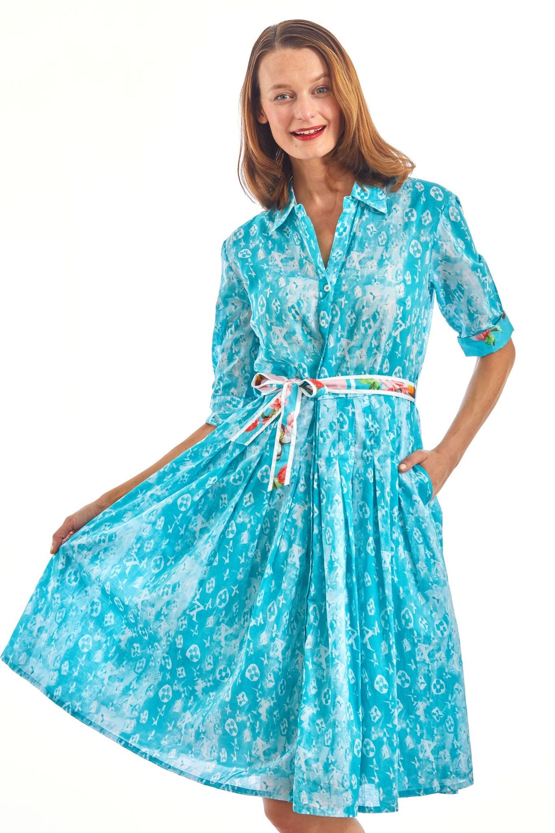 Dizzy-Lizzie Mrs Maisel Dress - Turquoise White Letters Natural available at Barbara Katz