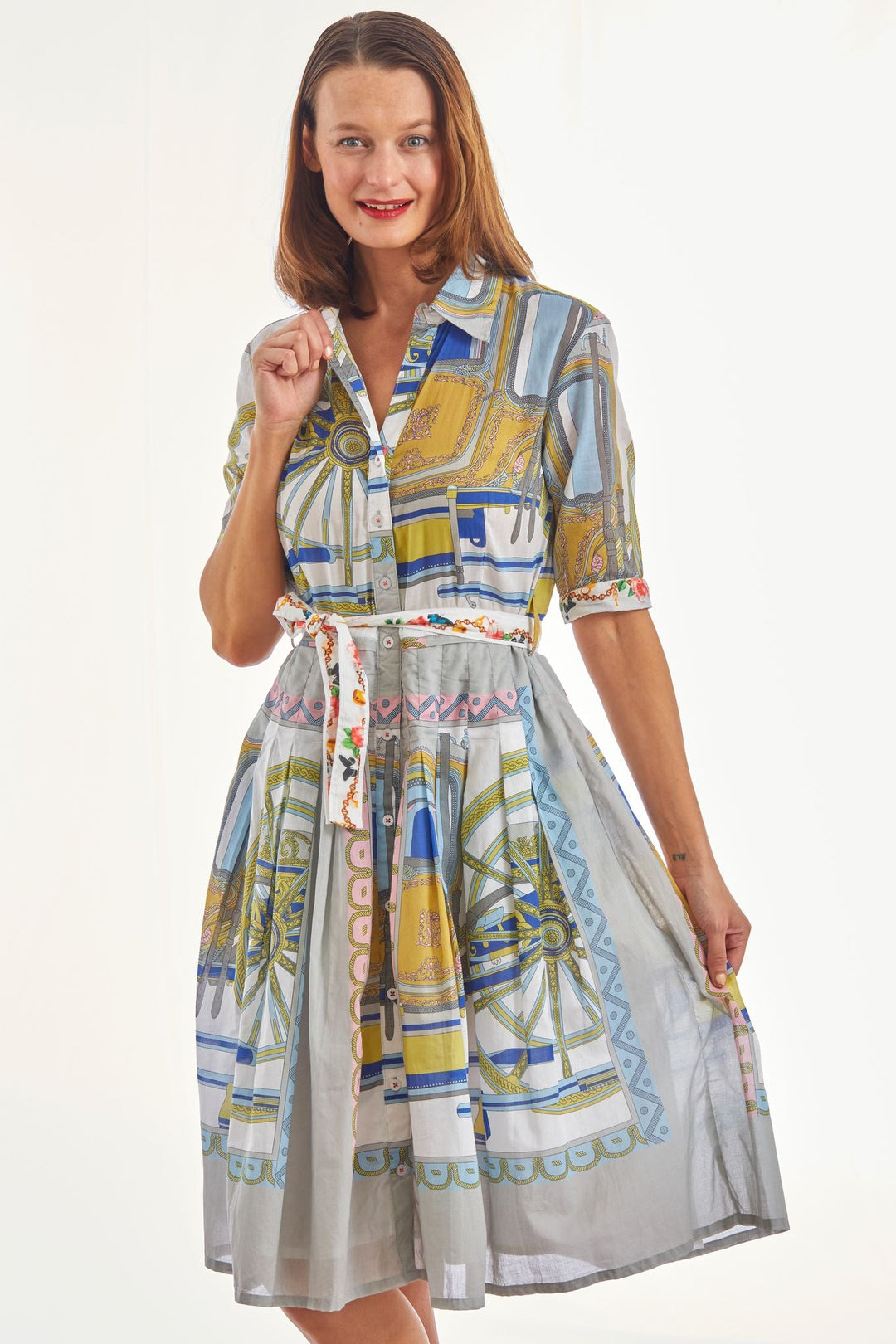 Dizzy-Lizzie Mrs Maisel Dress - Wheel Print Navy Grey available at Barbara Katz