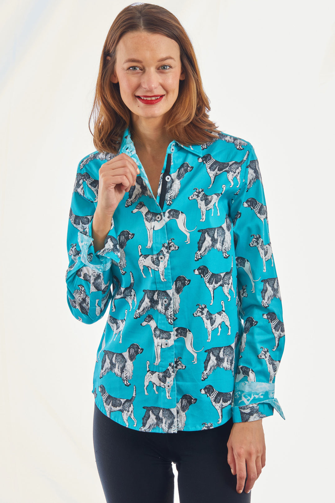 Dizzy-Lizzie Rome Long Sleeve Shirt - Turquoise Ground Black White Pooches available at Barbara Katz