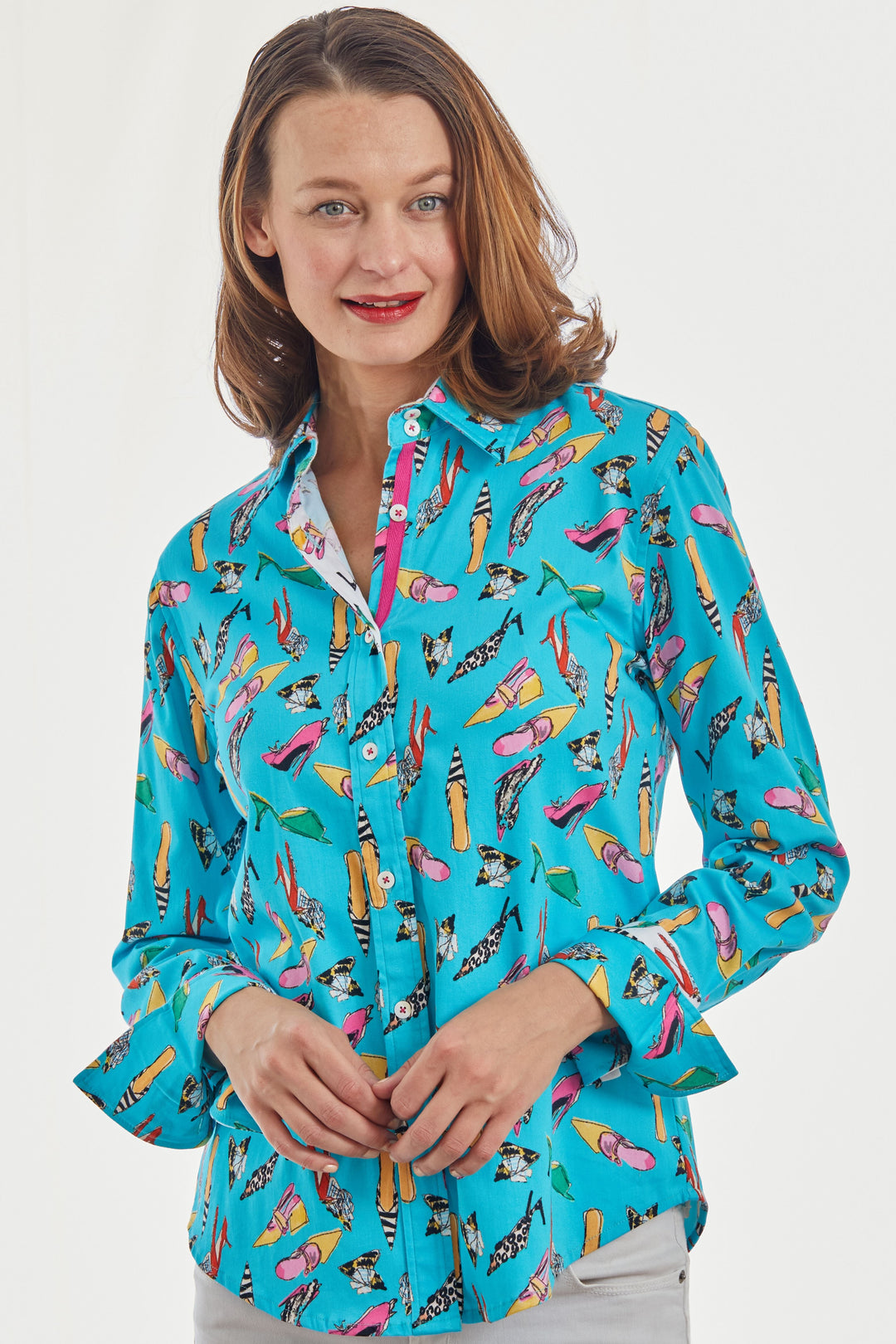 Dizzy-Lizzie Rome Long Sleeve Shirt - Turquoise Shoe Print available at Barbara Katz