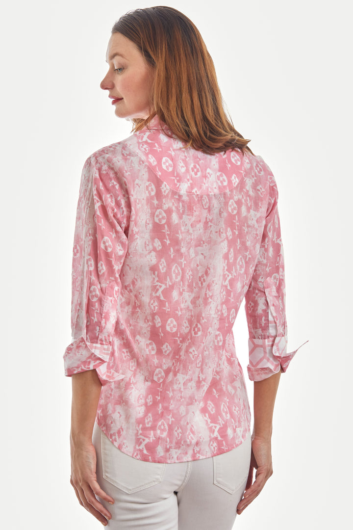 Dizzy-Lizzie Rome 3/4 Sleeve Shirt - Pink White Blurry Letters available at Barbara Katz