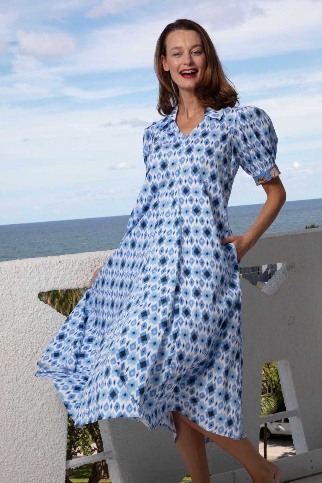 Dizzy-Lizzie Montauk Dress - Blue Ikat available at Barbara Katz