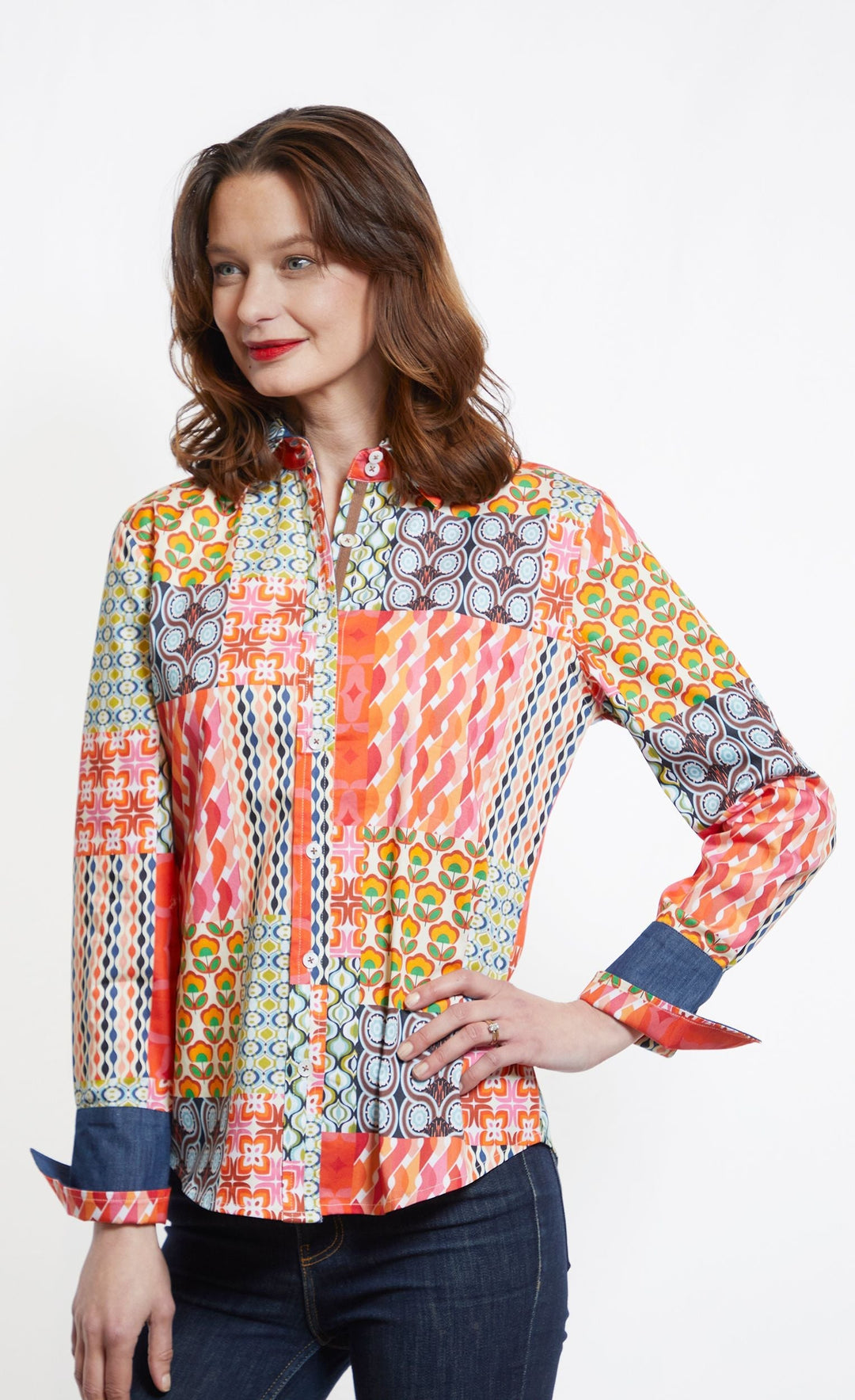 Dizzy-Lizzie Rome Long Sleeve Shirt - Multi Patchwork Print available at Barbara Katz