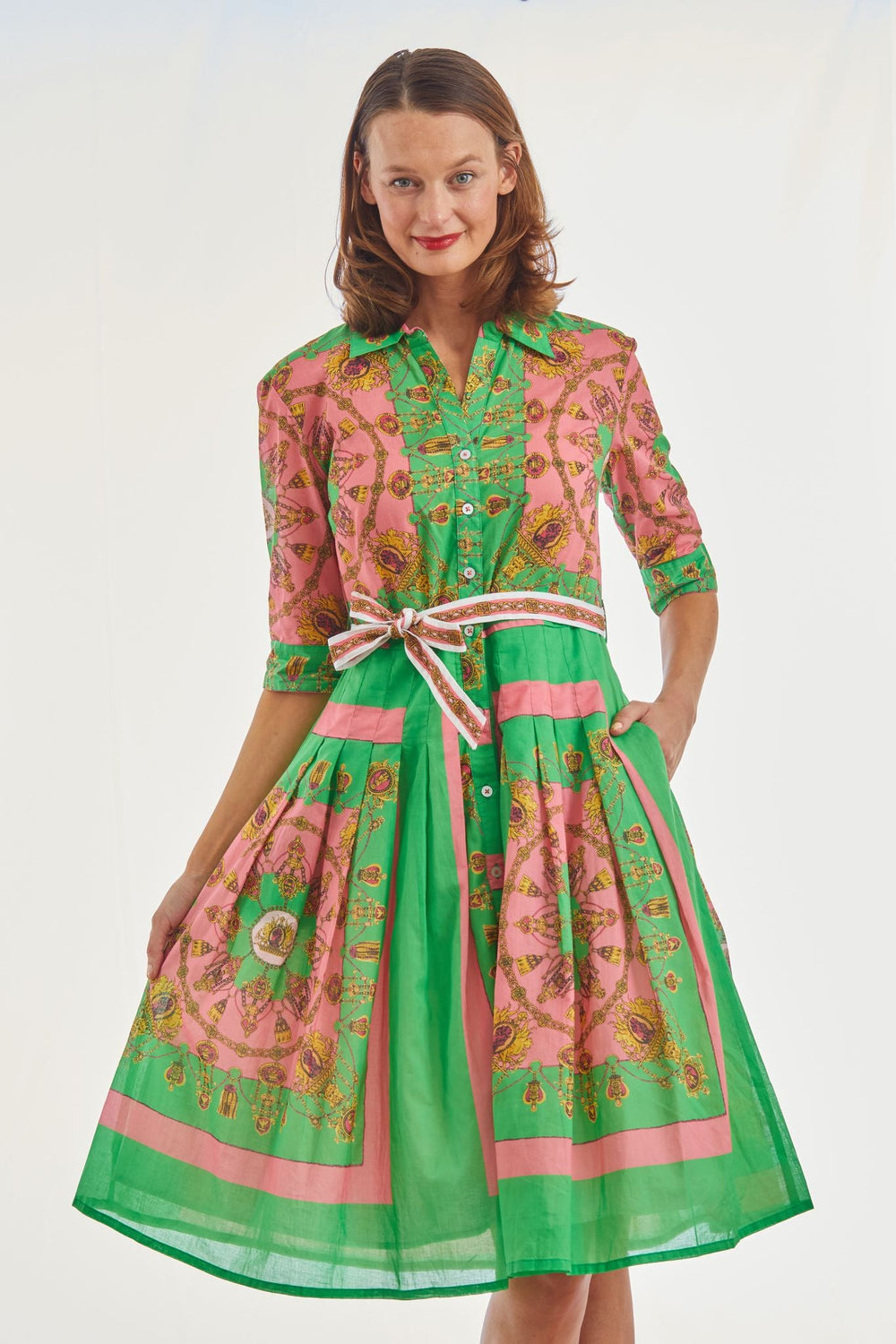 Dizzy-Lizzie Mrs Maisel Dress - Pink Green Gold Engineered available at Barbara Katz