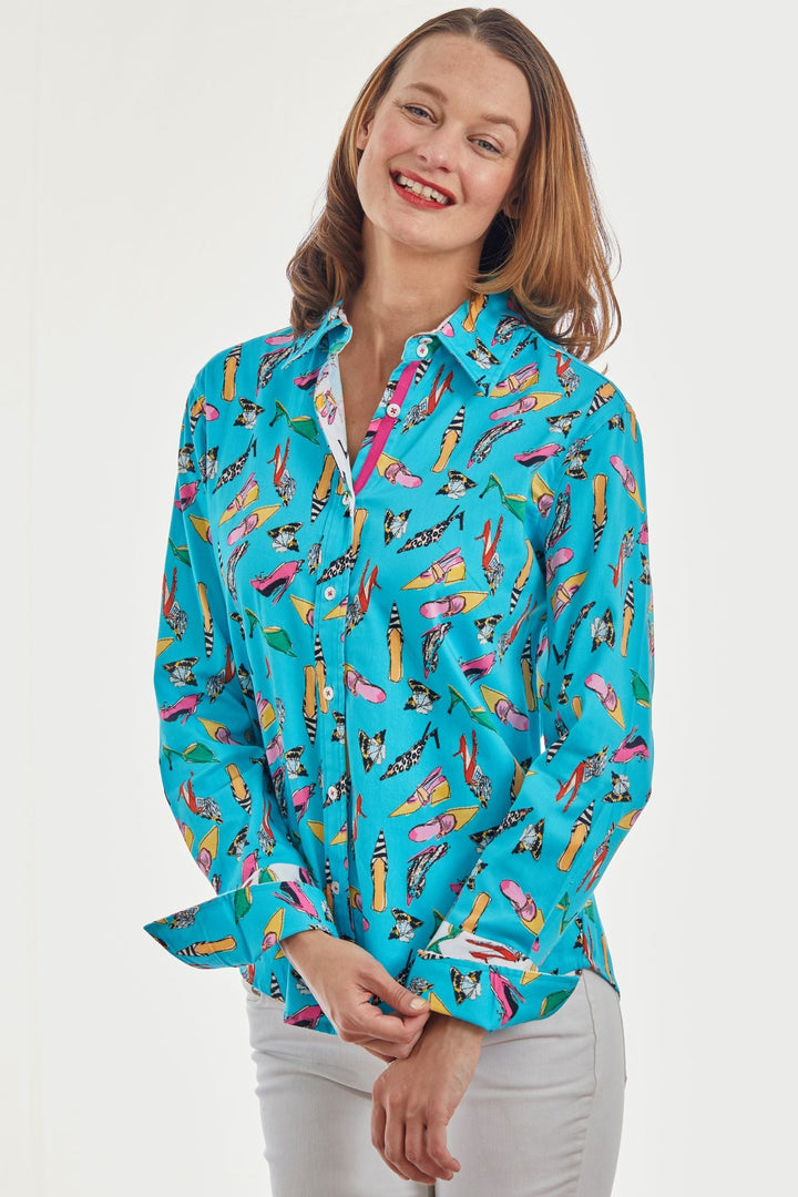 Dizzy-Lizzie Rome Long Sleeve Shirt - Turquoise Shoe Print available at Barbara Katz