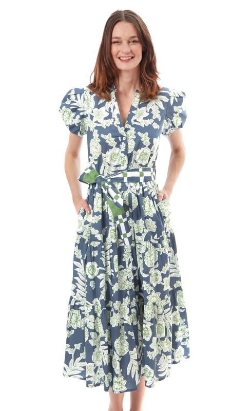 Dizzy-Lizzie Litchfield Long Dress - Green Navy Floral available at Barbara Katz