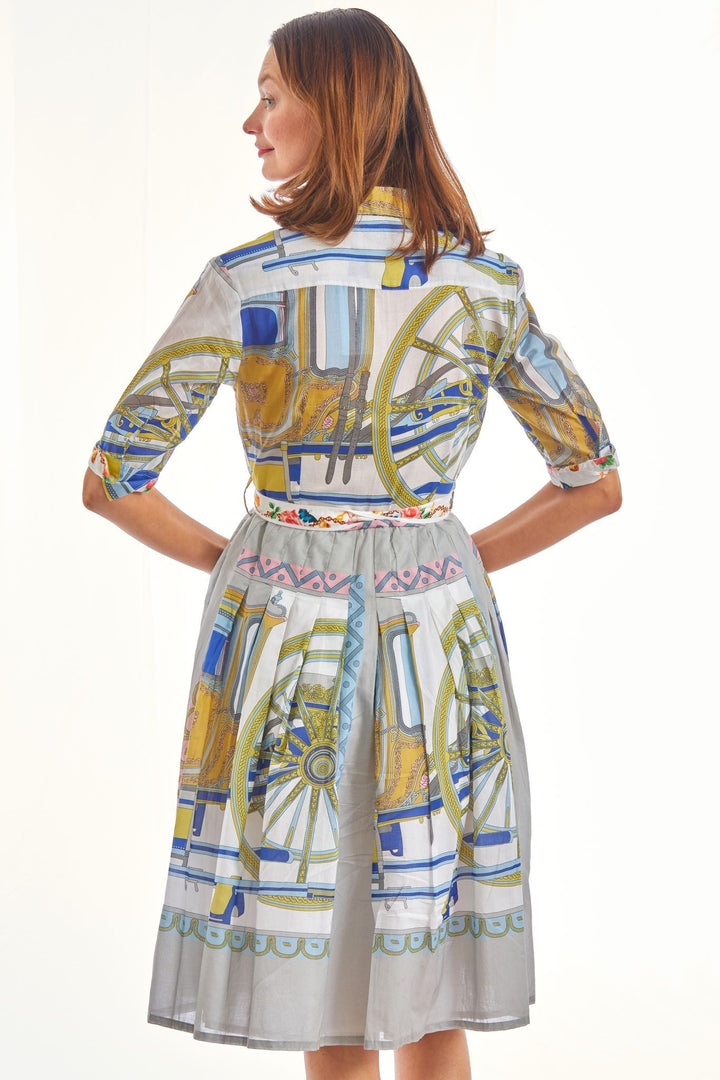 Dizzy-Lizzie Mrs Maisel Dress - Wheel Print Navy Grey available at Barbara Katz