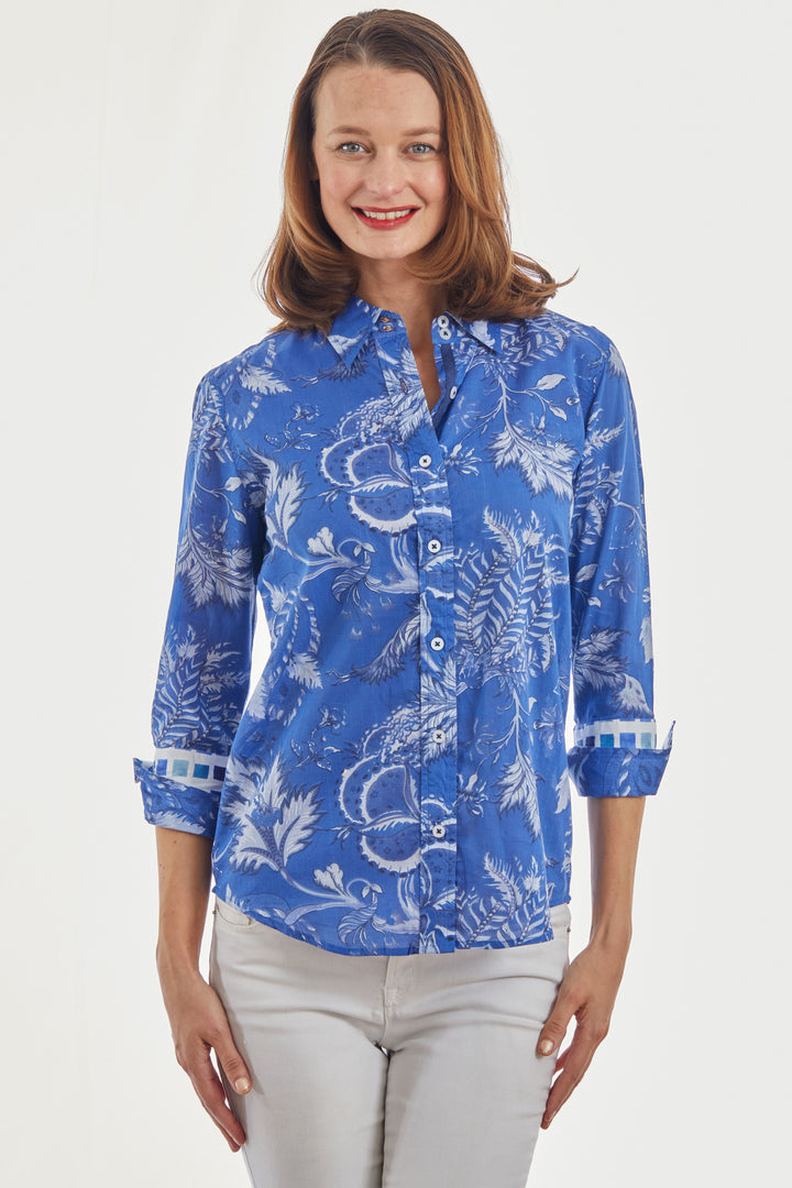 Dizzy-Lizzie Rome 3/4 Sleeve Shirt - Navy Voile available at Barbara Katz