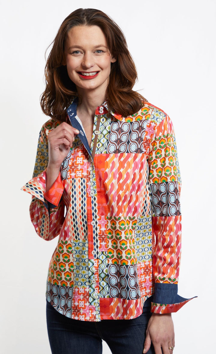 Dizzy-Lizzie Rome Long Sleeve Shirt - Multi Patchwork Print available at Barbara Katz