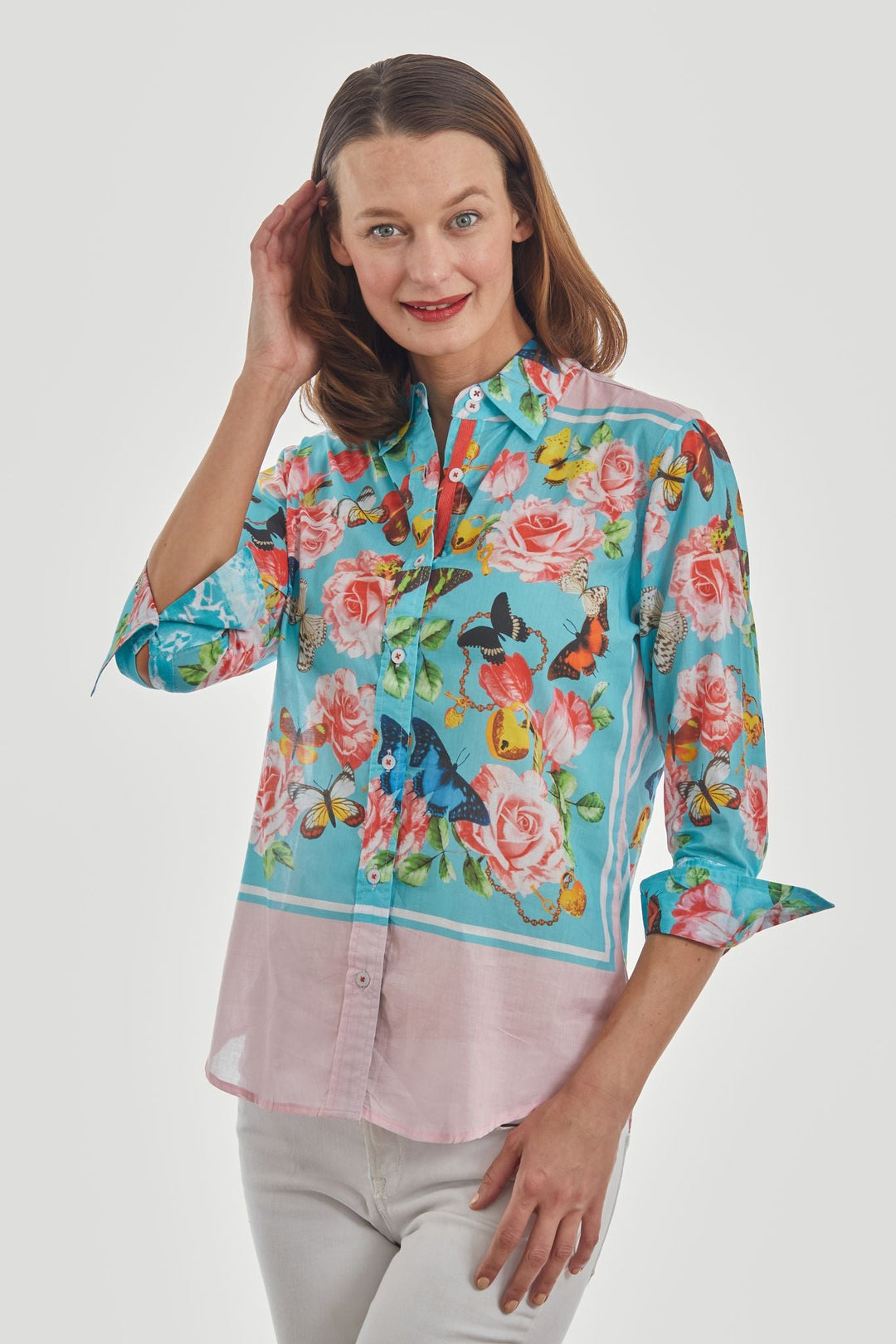 Dizzy-Lizzie Rome 3/4 Sleeve Shirt - Pink Box Print available at Barbara Katz