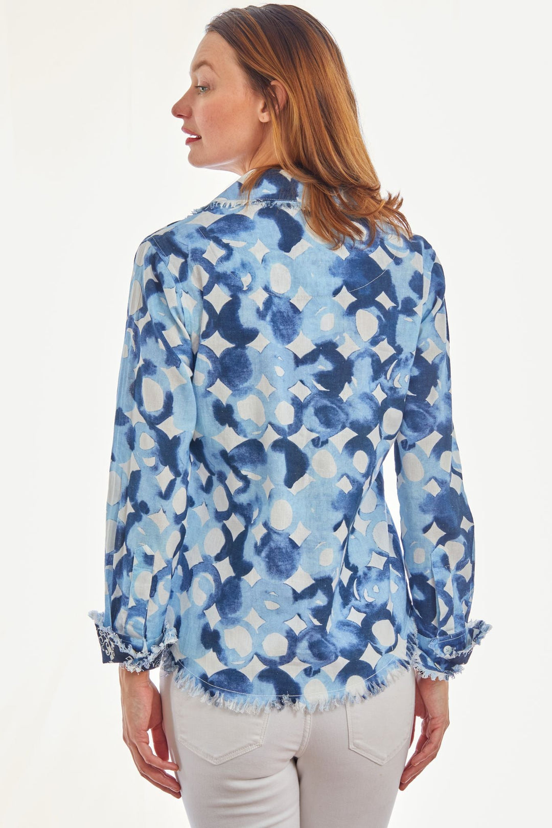 Dizzy-Lizzie Cape Cod Frayed Shirt - Blues Watercolor Print available at Barbara Katz