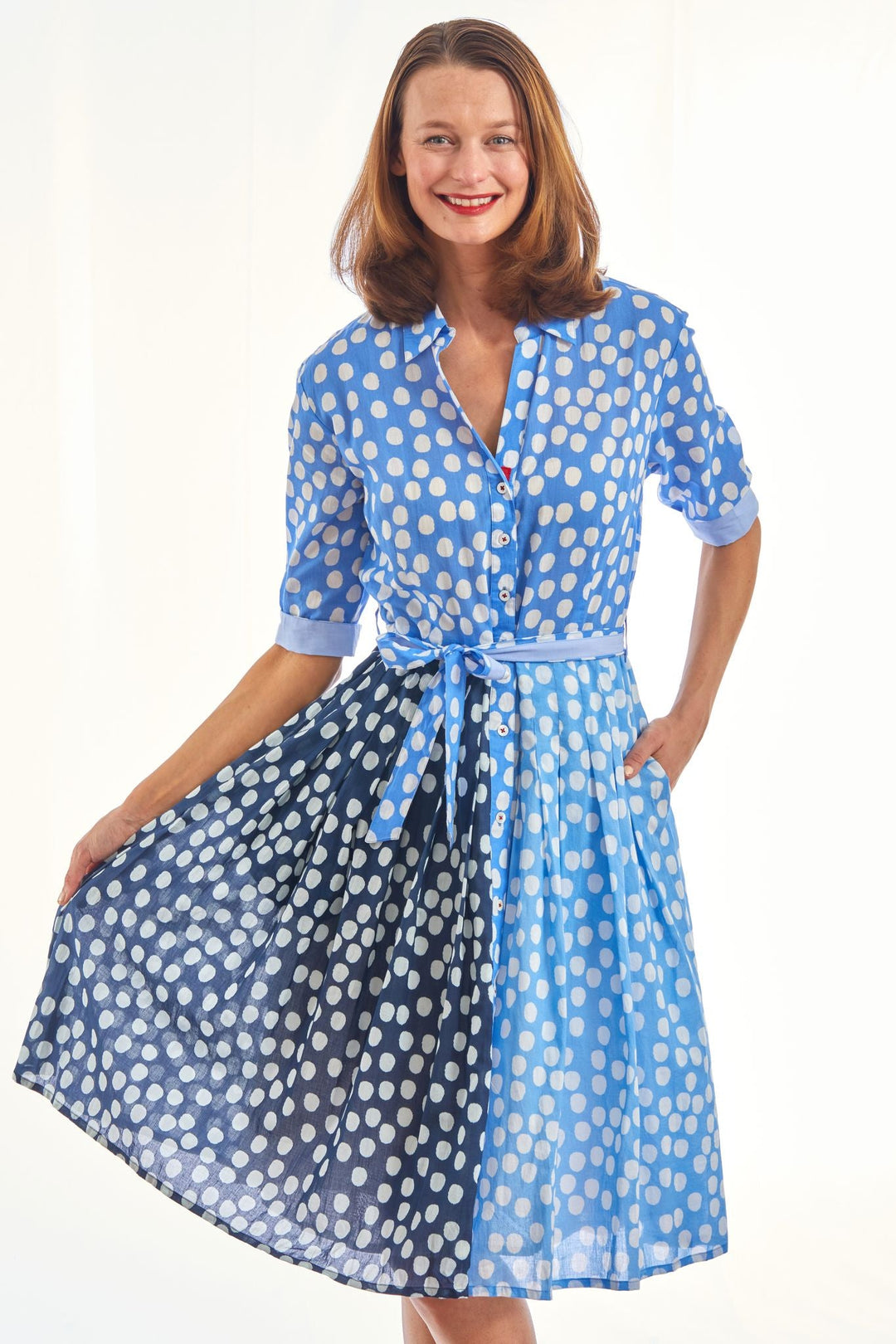 Dizzy-Lizzie Mrs Maisel Dress - 3 Tone Polka Dots Blues available at Barbara Katz