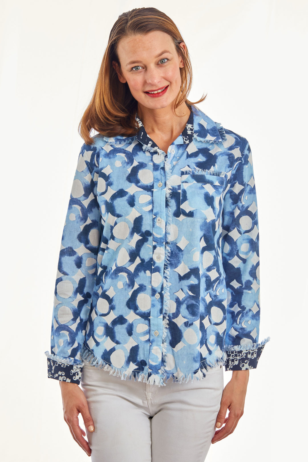 Dizzy-Lizzie Cape Cod Frayed Shirt - Blues Watercolor Print available at Barbara Katz