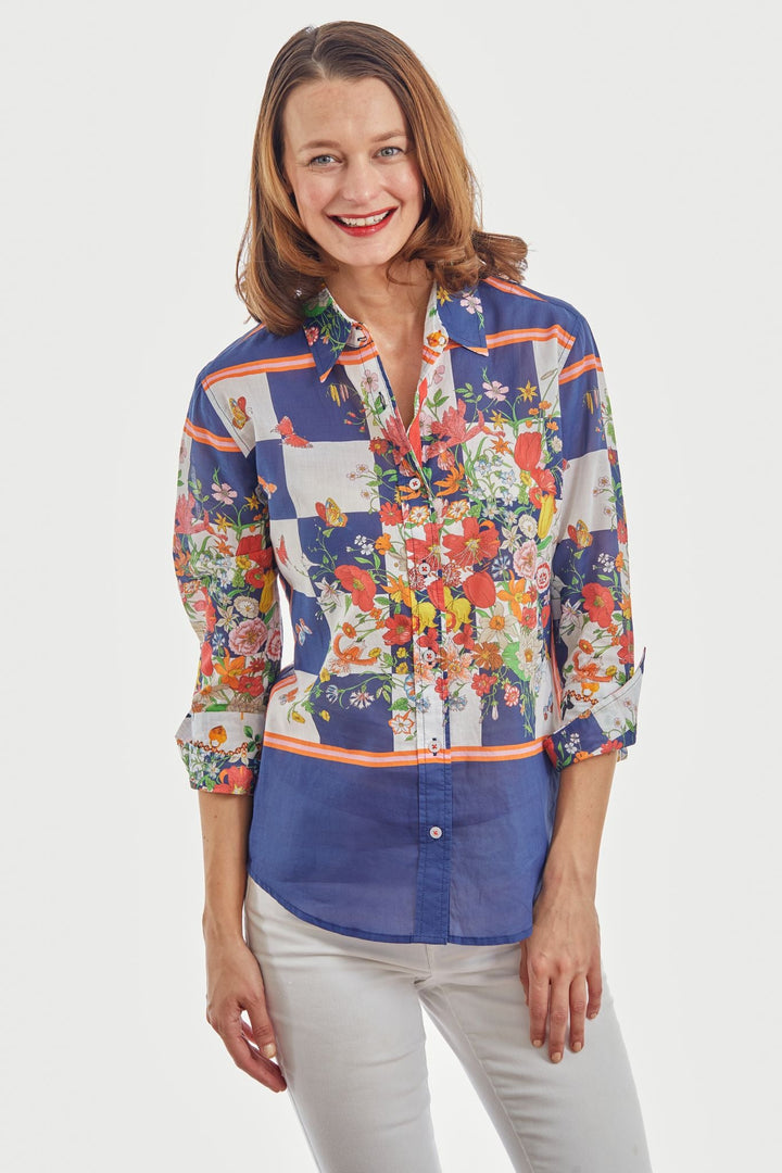 Dizzy-Lizzie Rome 3/4 Sleeve Shirt - Navy Box with Butterflies available at Barbara Katz