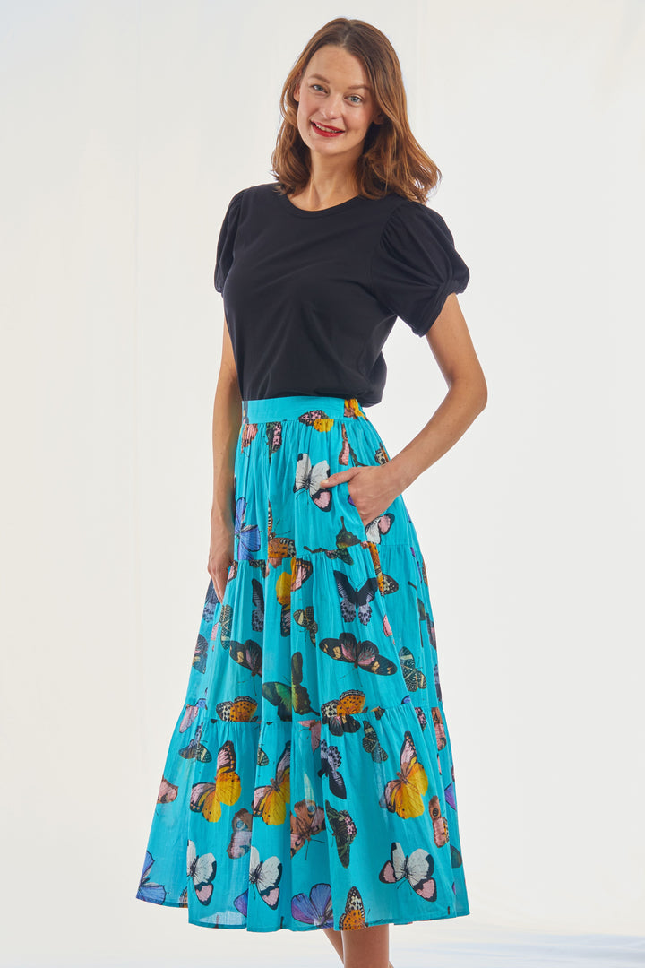 Dizzy-Lizzie Woodstock Midi Skirt - Turquoise With Butterflies available at Barbara Katz