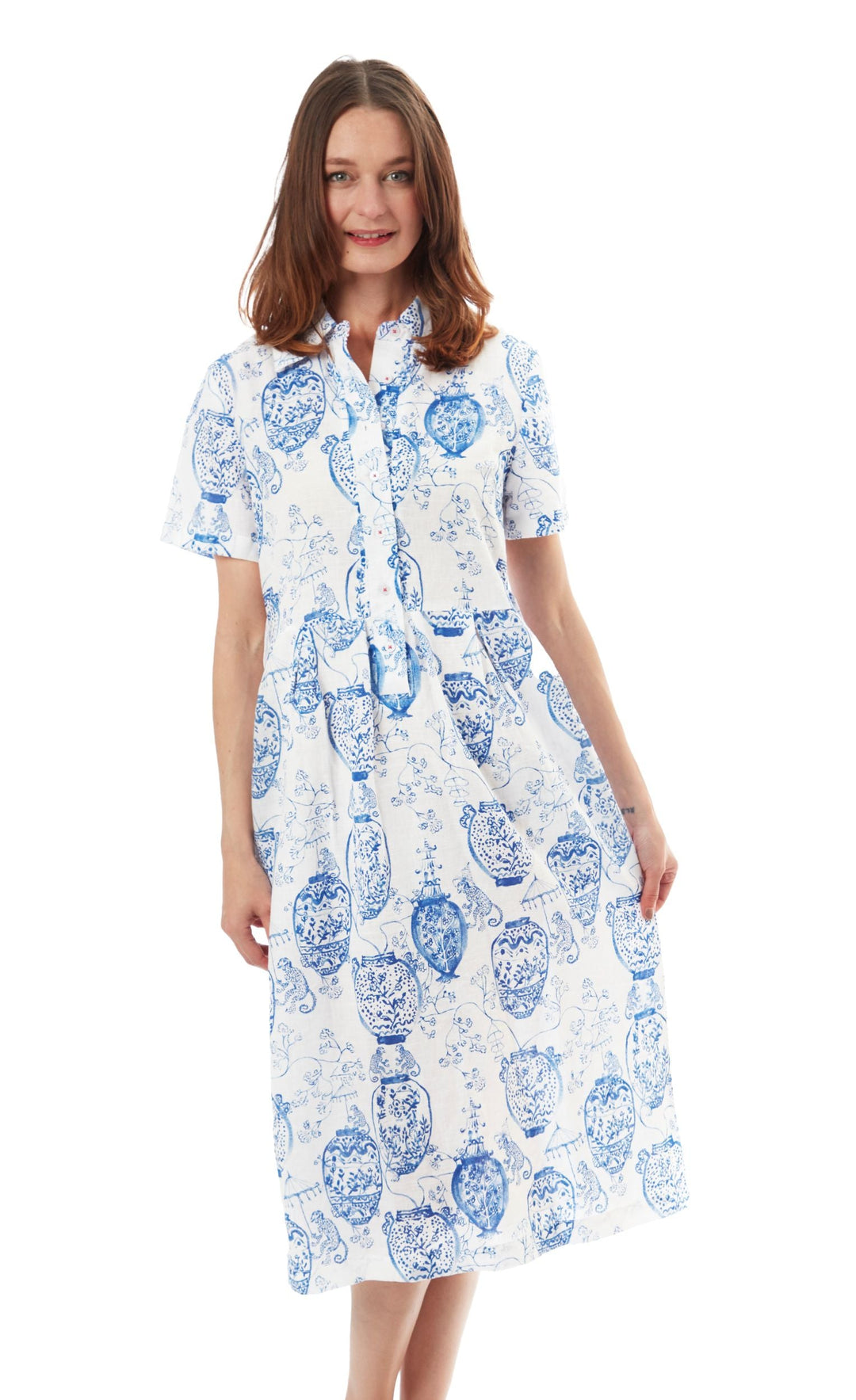 Dizzy-Lizzie Shortsleeved Shirt Dress - Chinoiserie Print available at Barbara KAtz